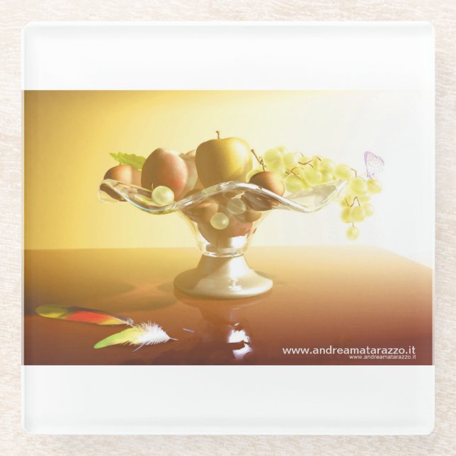 Glaskorb mit Früchten und Batterie Glasuntersetzer (Vorderseite)