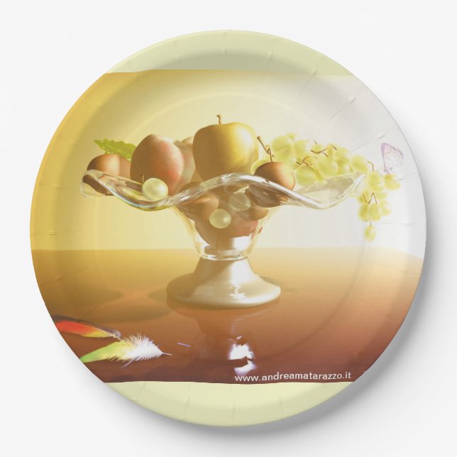 Glaskorb mit Früchten und Batterie Pappteller (Vorderseite)