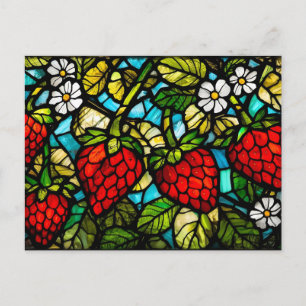 Glasmalerei-Erdbeeren, Blätter und Blumen Feiertagspostkarte