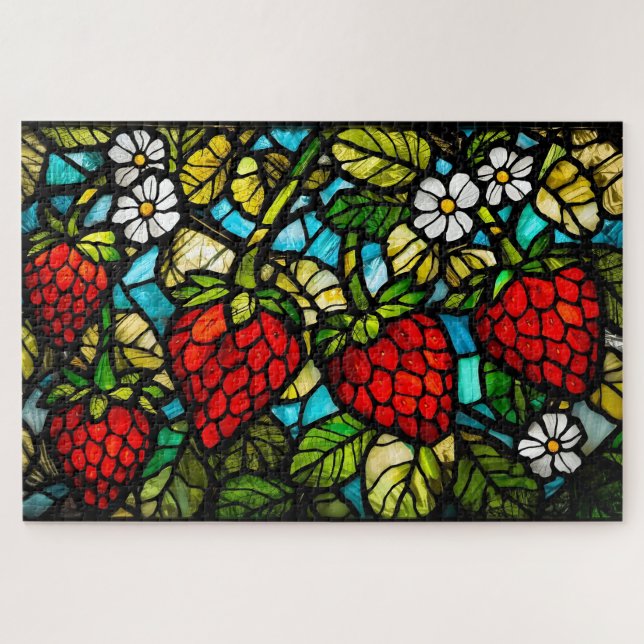 Glasmalerei Erdbeeren, Blätter und Blumen  Puzzle (Horizontal)