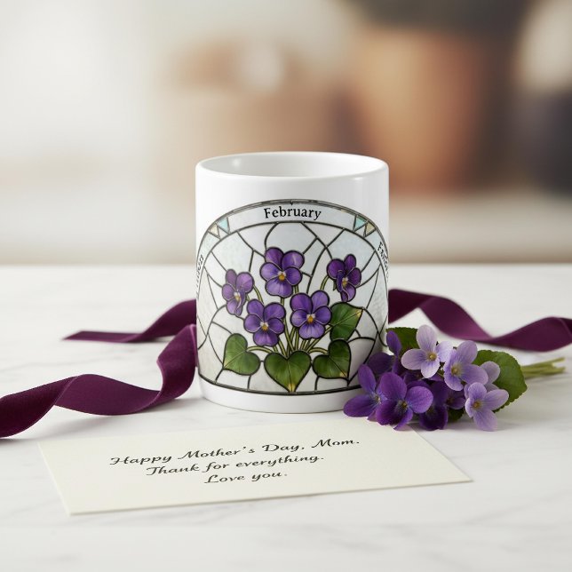 Glasmalerei-Geburtsblume Februar Veilchen Name Kaffeetasse (Von Creator hochgeladen)
