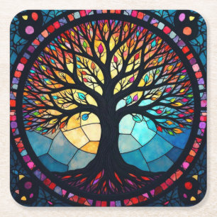 Glasmalerei Kunst, Baum des Lebens Glasmalerei Rechteckiger Pappuntersetzer