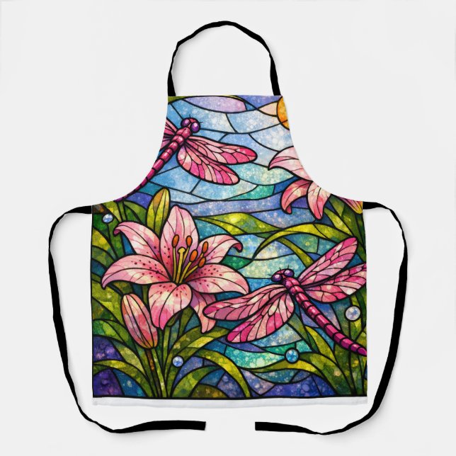 Glasmalerei-Lilien und Libellen Rosa Schürze (Vorderseite)