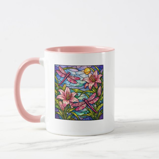 Glasmalerei-Lilien und Libellen Rosa Tasse (Links)