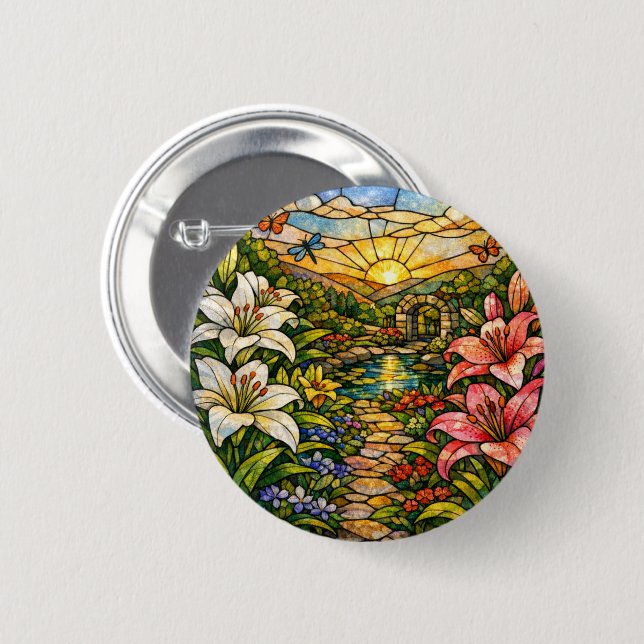 Glasmalerei-Lilien und Sonnenschein Button (Vorne & Hinten)