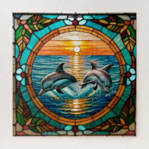 Glasmalerei mit Delfinen, die bei Sonnenuntergang Puzzle