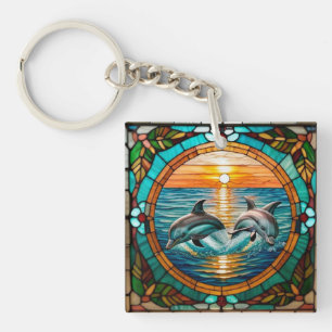 Glasmalerei mit Delfinen, die bei Sonnenuntergang  Schlüsselanhänger