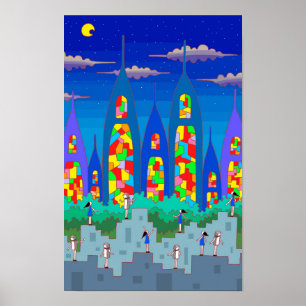 Glasmalerei-Stadt in einer sternenklaren Nacht. Poster