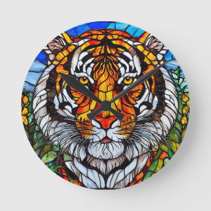 Glasmalerei Tiger Runde Wanduhr