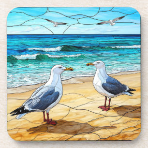 Glasmalerei von Möwen an einem Strand Getränkeuntersetzer