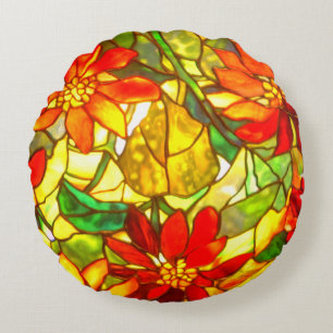 Glasmalerei-Weihnachtsstern-Blume vintage floral Rundes Kissen