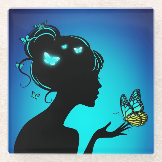 Glasoberglas Blaue Schmetterlinge Glasuntersetzer (Vorderseite)