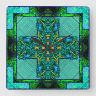 Glass Celtic Cross in Gold und Grün Quadratische Wanduhr