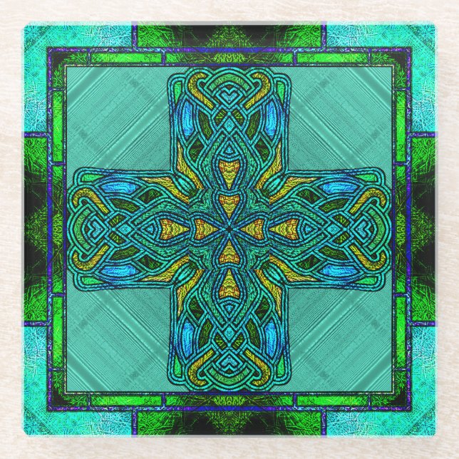 Glass Celtic Cross in Green und Gold Glasuntersetzer (Vorderseite)