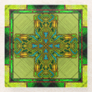 Glass Celtic Cross in Lime Green und Gold Glasuntersetzer
