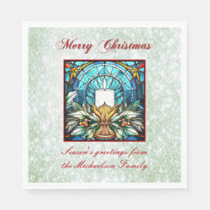 Glass Christmas Candle Holly Green Glitzer Serviette