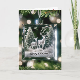 Glass Christmas Deer Ornament on Pine Tree Feiertagskarte
