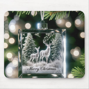 Glass Christmas Deer Ornament on Pine Tree Mousepad