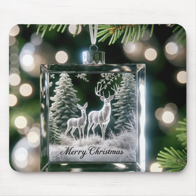 Glass Christmas Deer Ornament on Pine Tree Mousepad (Vorne)