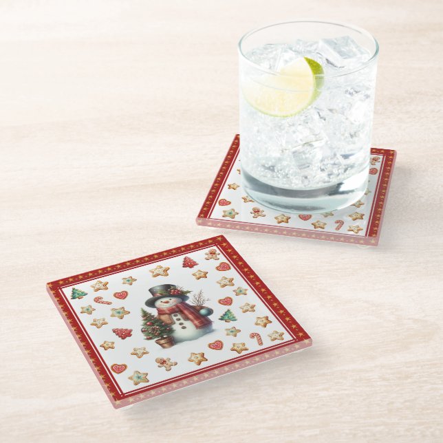 Glass Coaster Snowman and Christmas Cookies Red Glasuntersetzer (Schrägansicht)