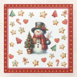 Glass Coaster Snowman and Christmas Cookies Red Glasuntersetzer