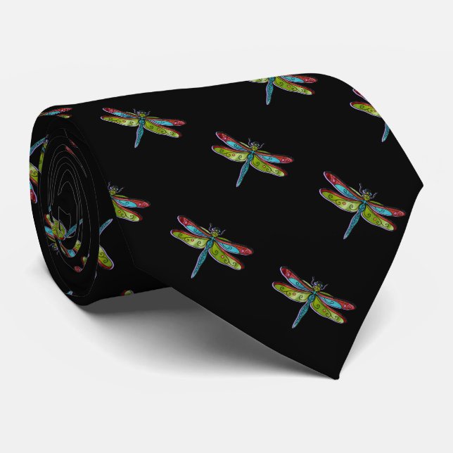 Glass Dragonfis auf Black Neck Tie Krawatte (Gerollt)