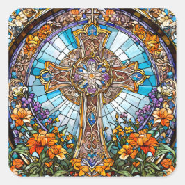 Glass-Heiligkreuz mit Blume Quadratischer Aufkleber