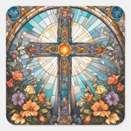Glass-Heiligkreuz mit Blume Quadratischer Aufkleber