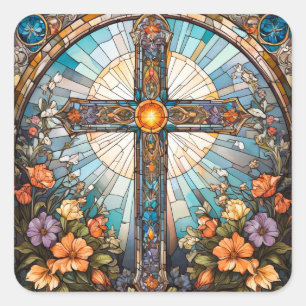 Glass-Heiligkreuz mit Blume Quadratischer Aufkleber