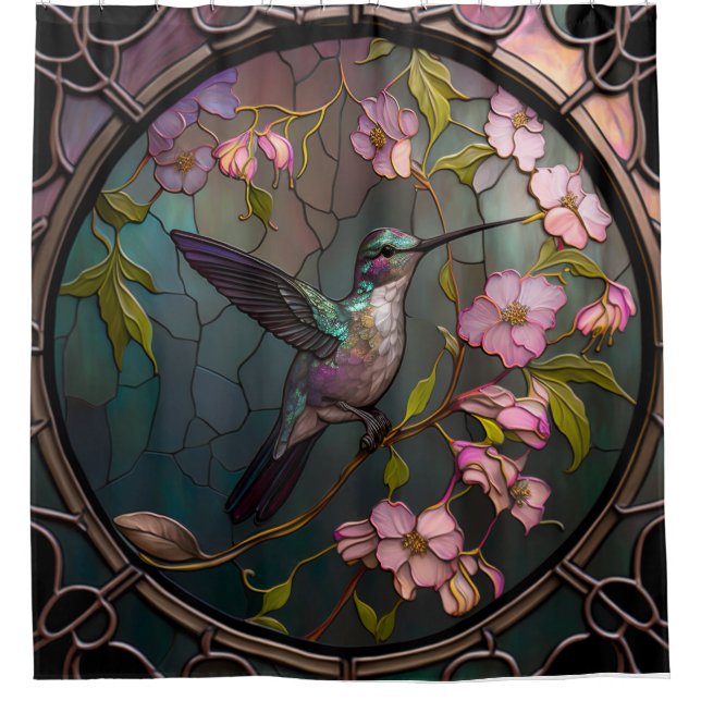 Glass Hummingbird Muster Frühlingsblumen Duschvorhang (Vorderseite)