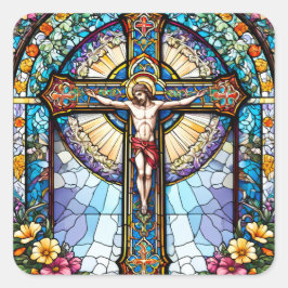 Glass Jesus auf Kreuz mit Blume Quadratischer Aufkleber