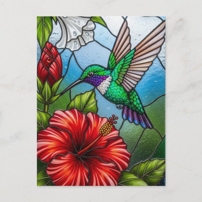 Glass Patchwork Hummingbird Garden Floral Mosaic Postkarte (Vorderseite)
