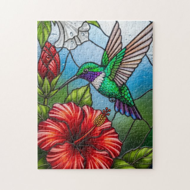 Glass Patchwork Hummingbird Garden Floral Mosaic Puzzle (Vertikal)