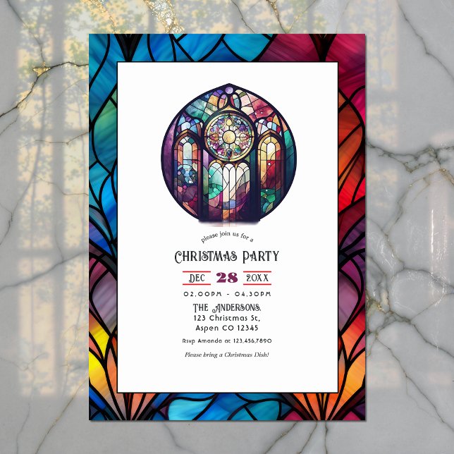 Glass Rose Party Weihnachten Einladung (Stained Glass Rose Window Christmas Party Invitation)