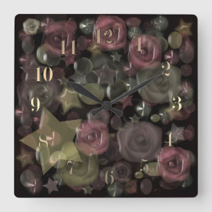 Glass Til 3D Liquid Roses and Stars Quadratische Wanduhr