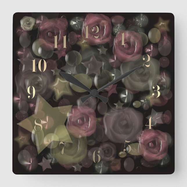 Glass Til 3D Liquid Roses and Stars Quadratische Wanduhr (Vorderseite)