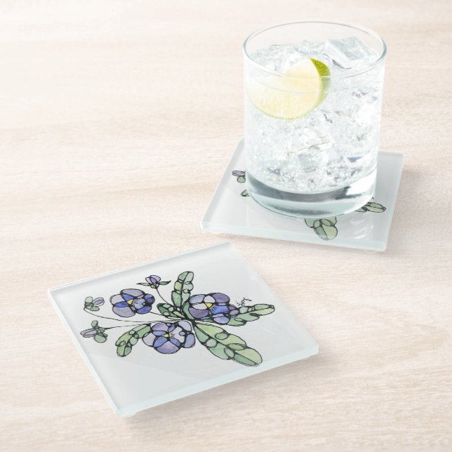 Glass Untersetzer - Lavender Blue Stiefmütterchen (Schrägansicht)