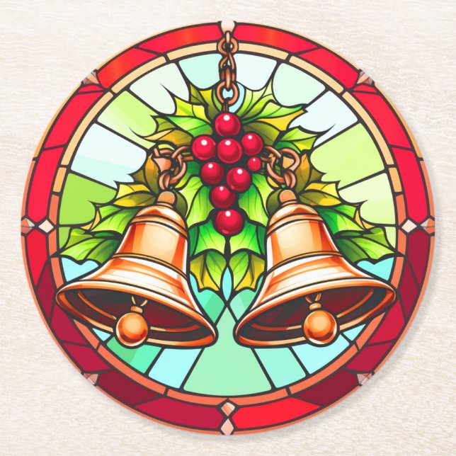 Glass Weihnachtsglocken mit Holly Runder Pappuntersetzer (Vorderseite)