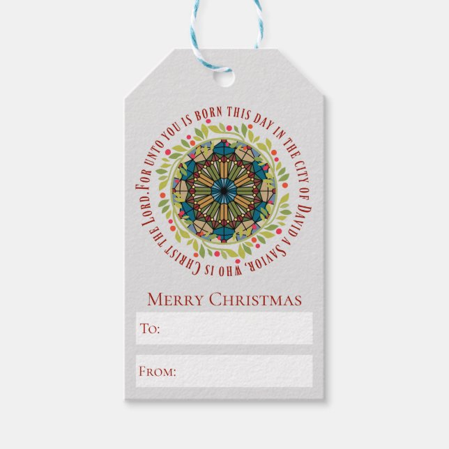 Glass Weihnachtskranz Luke 2:11 Verse Geschenkanhänger (Vorderseite)