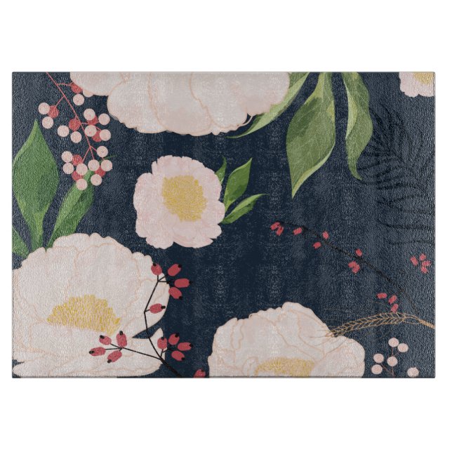 Glasschneiden weißer Blume auf dunkelblau Schneidebrett (Vorderseite)