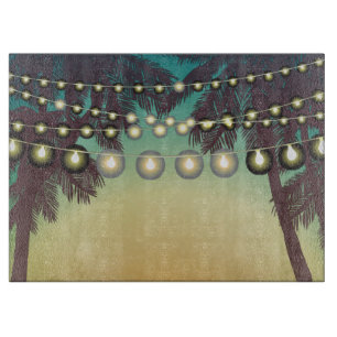 Glasschneider Strand Sunset Palm Trees String Ligh Schneidebrett