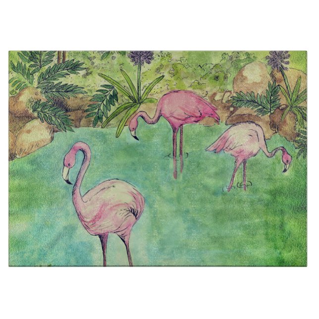 Glasschnitt rosa Flamingos Schneidebrett (Vorderseite)