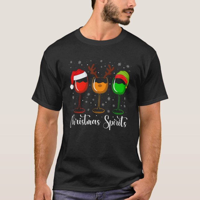 Glasses Of Wine Christmas Spirits Xmas Lights Elf  T-Shirt (Vorderseite)