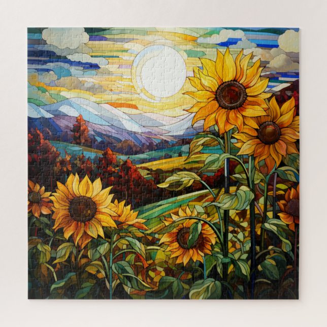 Glassonnenblumen Feld Sonnenuntergänge Gebirge Puzzle (Vertikal)