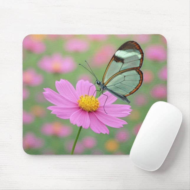 Glasswing Butterfly On a Cosmos Flower Mousepad (Mit Mouse)