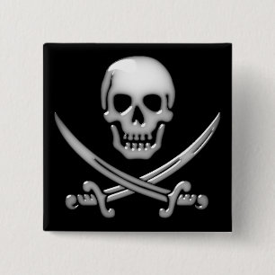 Glassy Pirate Skull & Sword Crossbones Button
