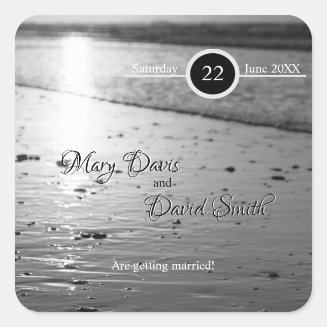 Glassy Sand Grayscale Wedding Quadratischer Aufkleber (Vorderseite)