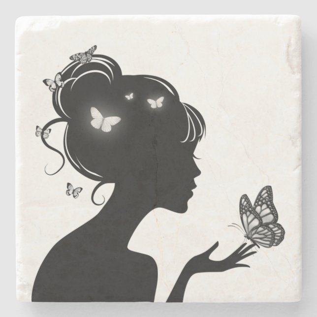 Glasunterglasobjekt aus Stein Weiße Schmetterlinge Steinuntersetzer (Vorderseite)