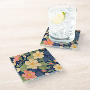 Glasuntersetzer Navy Pfirsich Rosa Blumen Botanisc