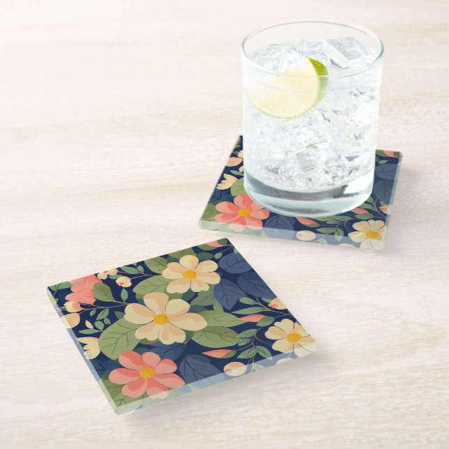 Glasuntersetzer Navy Pfirsich Rosa Blumen Botanisc (Schrägansicht)